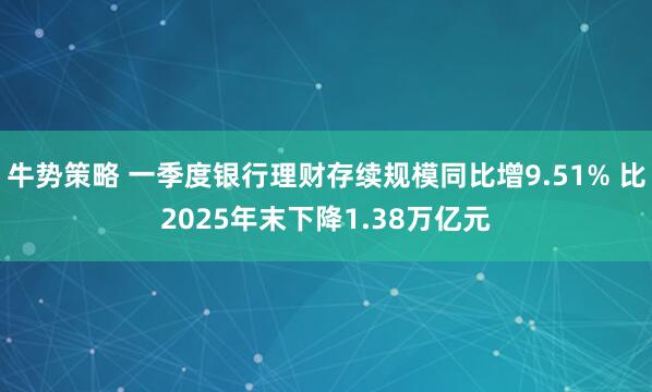 牛势策略 一季度银行理财存续规模同比增9.51% 比2025年末下降1.38万亿元